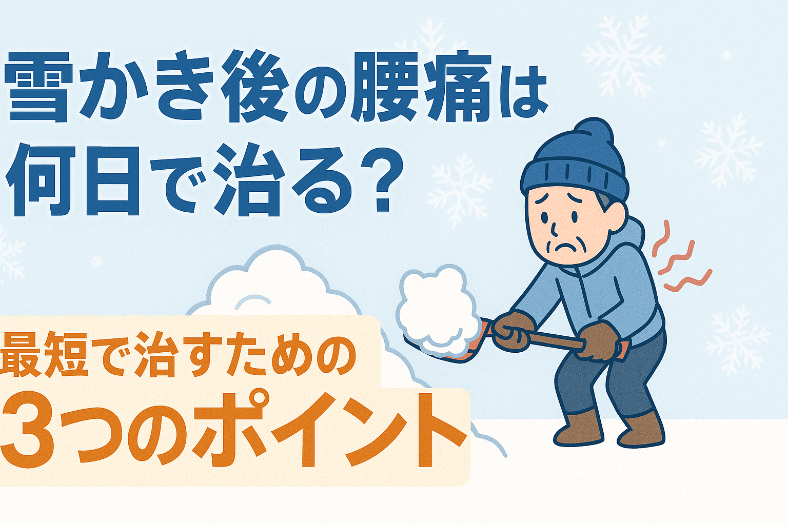 雪かき作業で腰を痛めた男性が雪をスコップで持ち上げているイラスト。テキストに「雪かき後の腰痛は何日で治る？ 最短で治すための3つのポイント」と書かれている。