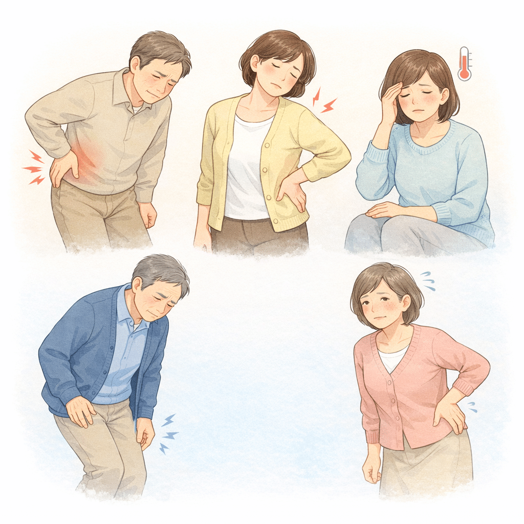 強い腰痛やしびれ、発熱を伴う場合など、医療機関での確認を考えたい腰痛の目安イラスト