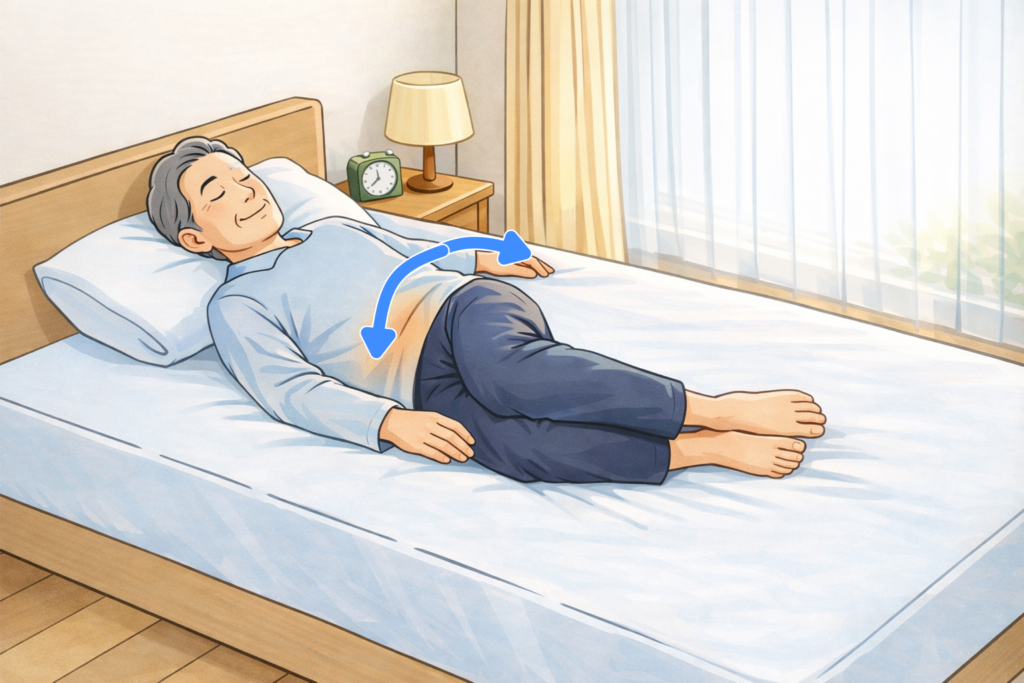 朝起きる前にベッドの上で腰をゆるめるセルフケアをしている男性のイメージ