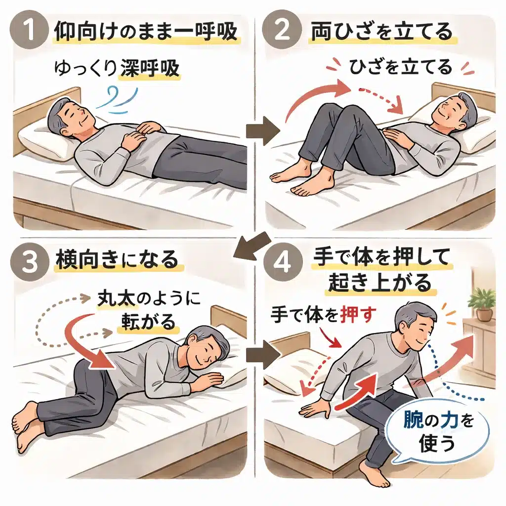朝の腰痛対処法として、腰に負担をかけない動き方を4コマで解説。仰向けで深呼吸し、両ひざを立て、横向きになり、腕で押して起き上がる安全な起き上がり手順。