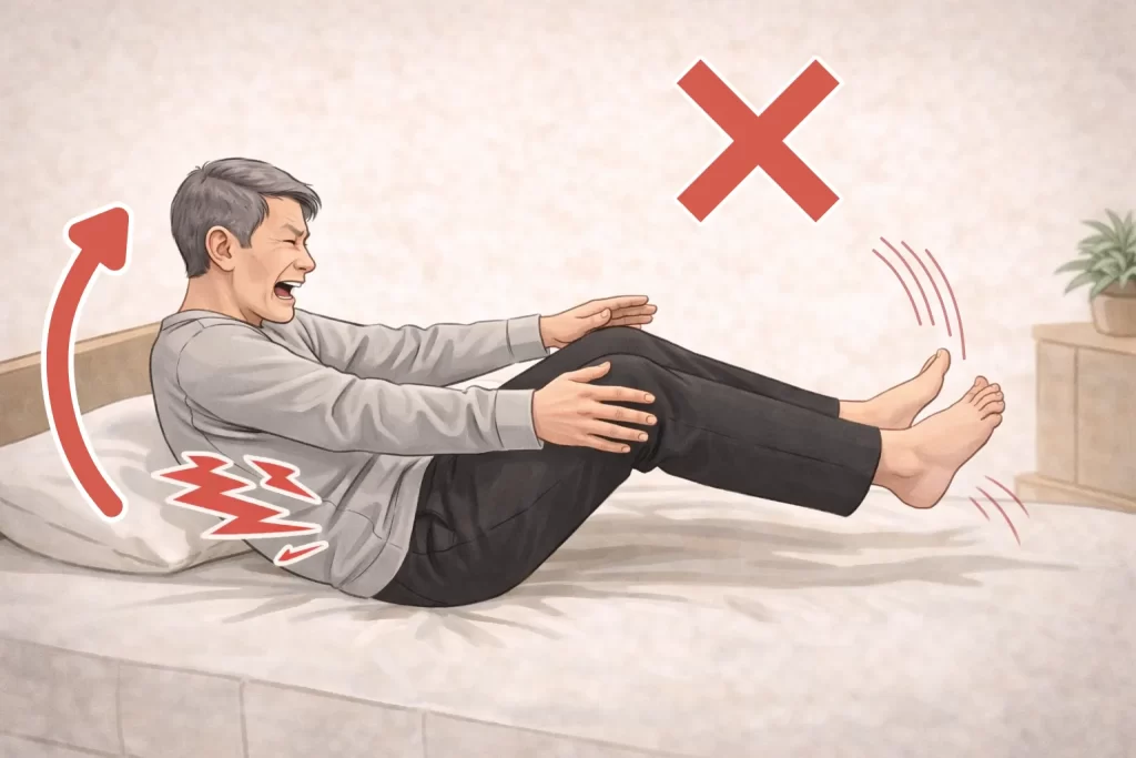 朝の腰痛の原因となる、反動を使って起き上がるNG動作のイラスト。両足を浮かせて勢いで体を起こそうとする姿勢で、腰に負担が集中している様子。