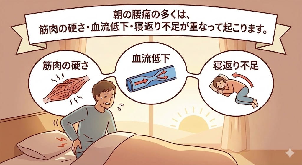 筋肉の硬さ、血流低下、寝返り不足が重なって朝の腰痛が起こる仕組みを示したイラスト