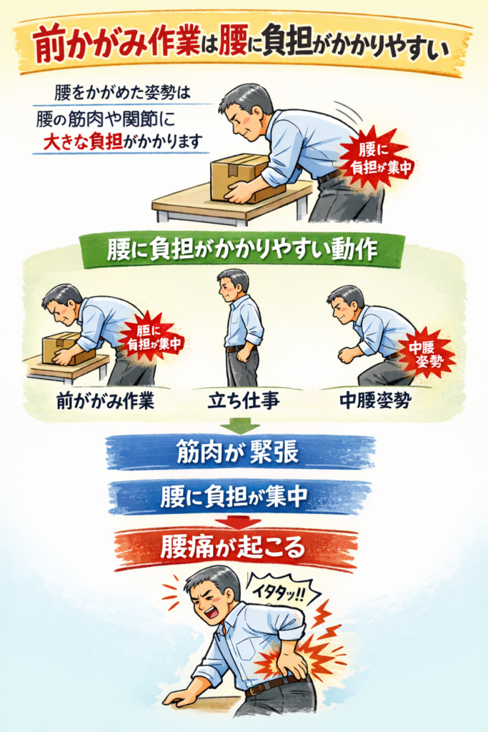 前かがみ作業・立ち仕事・中腰姿勢によって腰に負担がかかり腰痛が起こる仕組みの図解