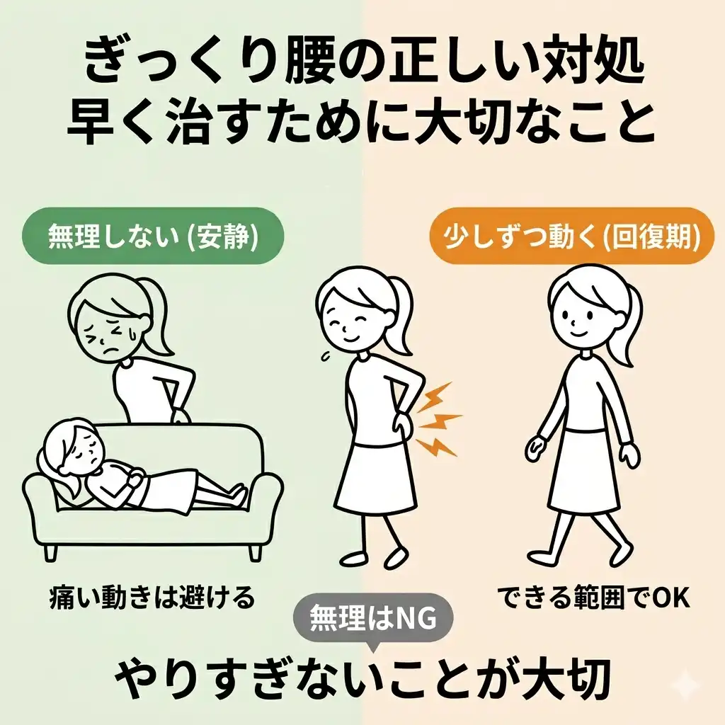 ぎっくり腰の正しい対処法を示した図解（無理しない安静と回復期の動き方のバランス）