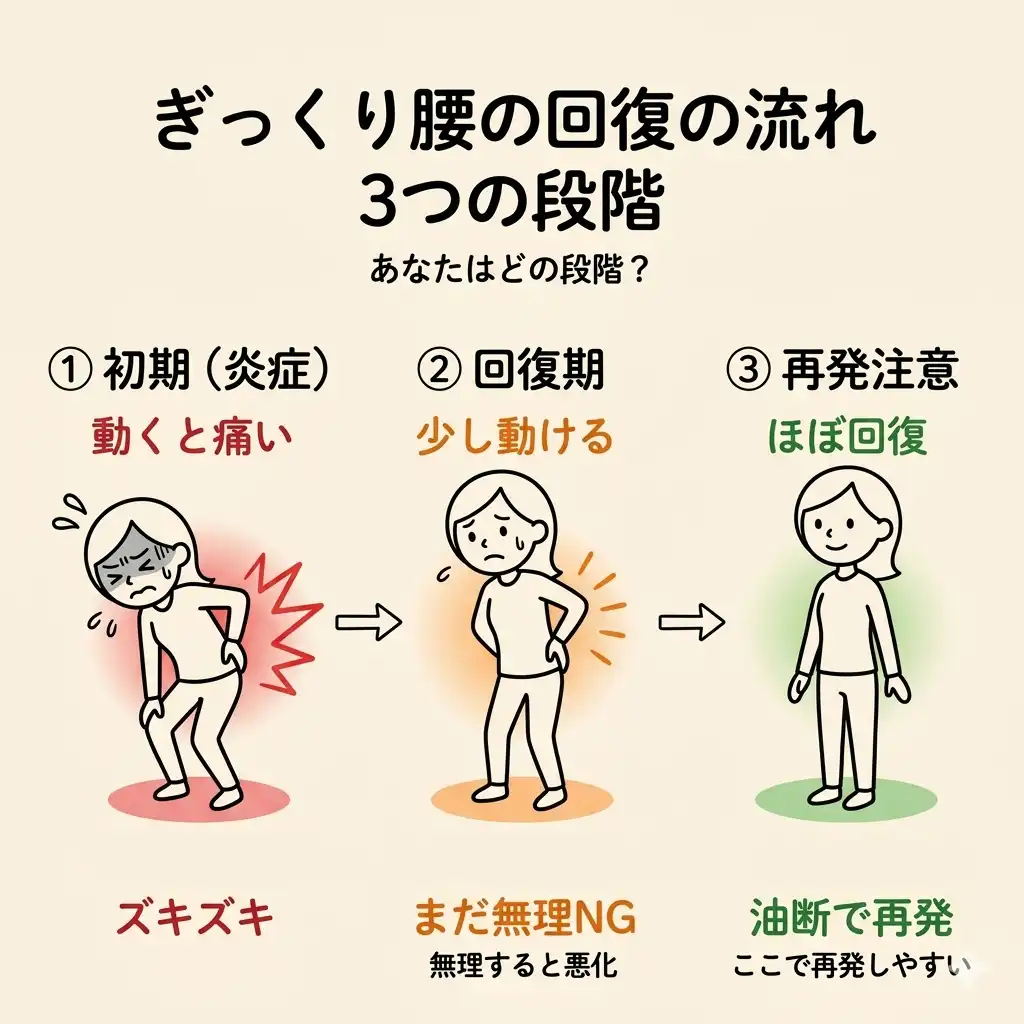 ぎっくり腰の回復の流れを示した図解（初期・回復期・再発リスク期の3段階）