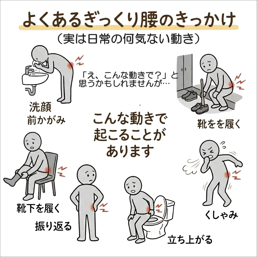 ぎっくり腰のきっかけとなる日常動作の図解｜前かがみ・靴下・立ち上がり・くしゃみなど