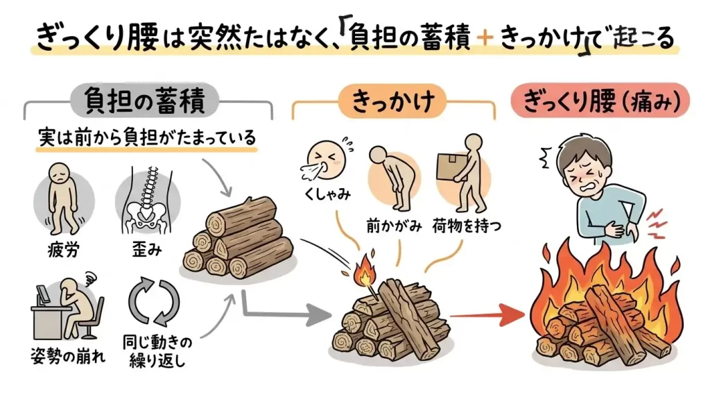 ぎっくり腰を繰り返す原因を示した図解｜負担の蓄積ときっかけで痛みが起こる仕組み