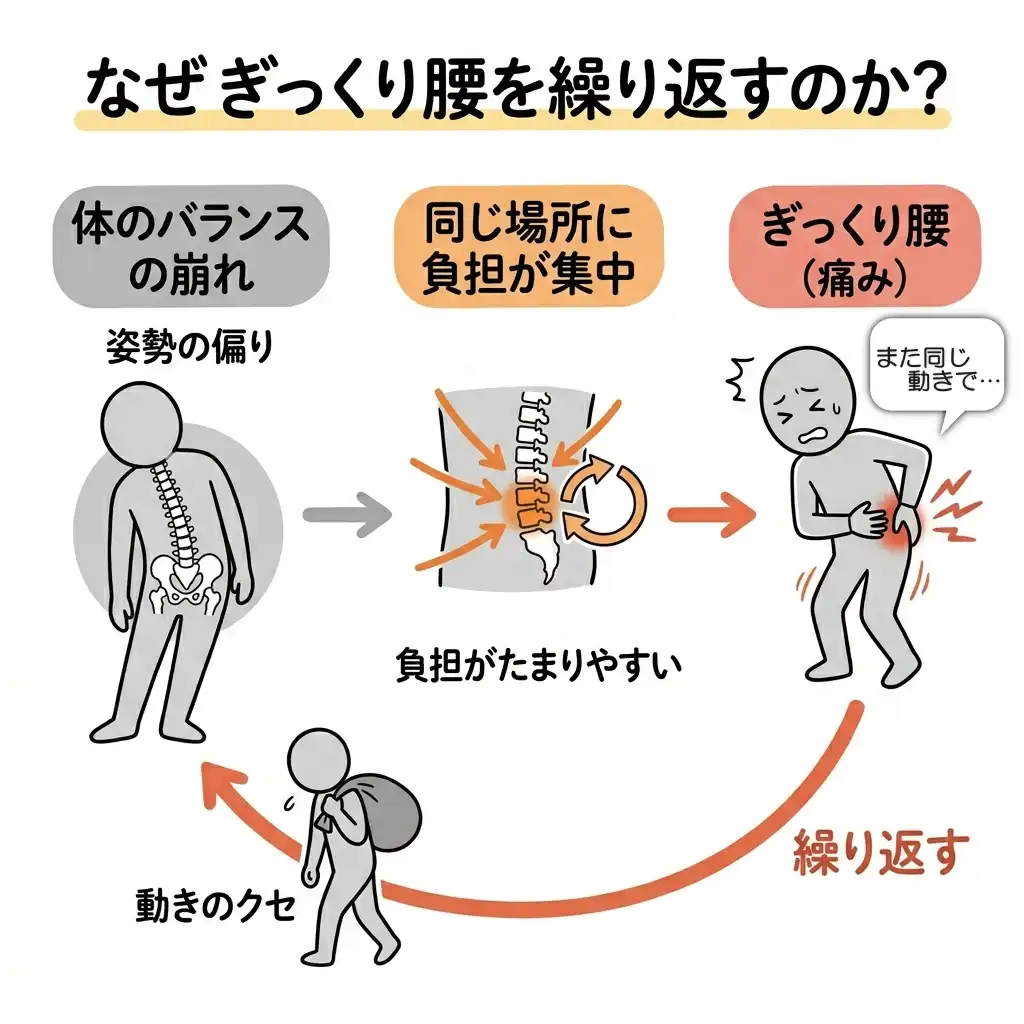 ぎっくり腰を繰り返す仕組みの図解｜体のバランスの崩れと負担の集中