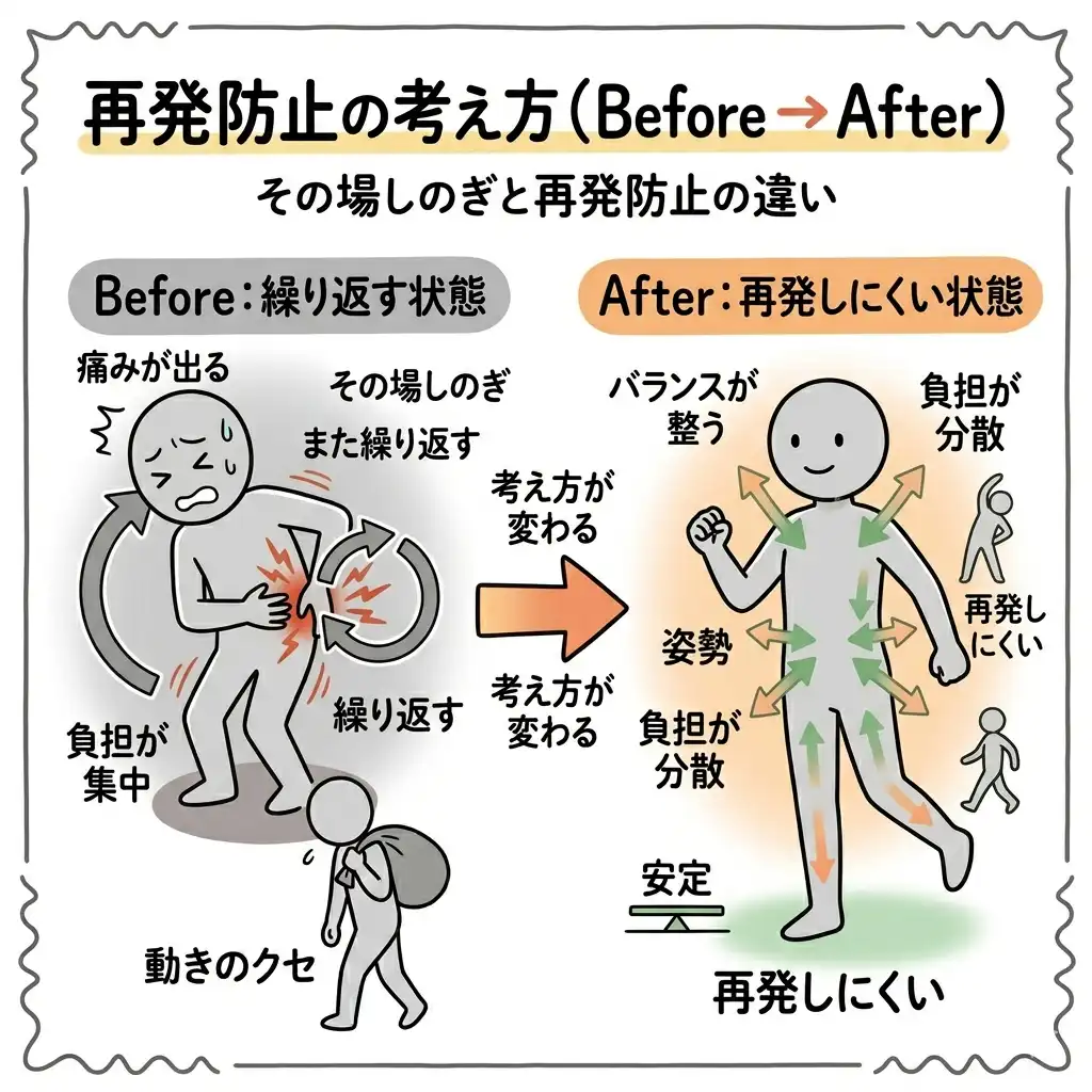 ぎっくり腰の再発防止の図解｜繰り返す状態と改善後の違い（Before After）