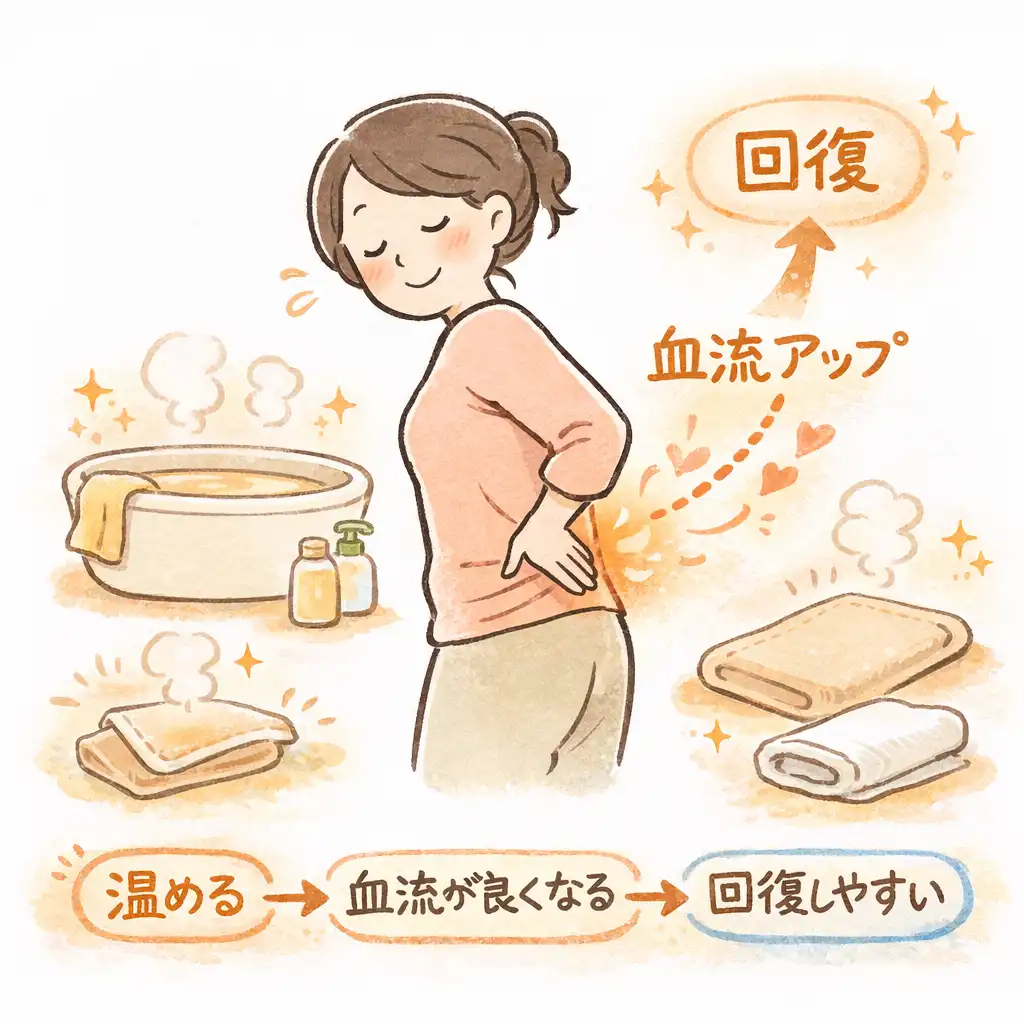 ぎっくり腰は温めることで血流が良くなり回復しやすくなることを示した図解。痛みが落ち着いた後は温めることが重要