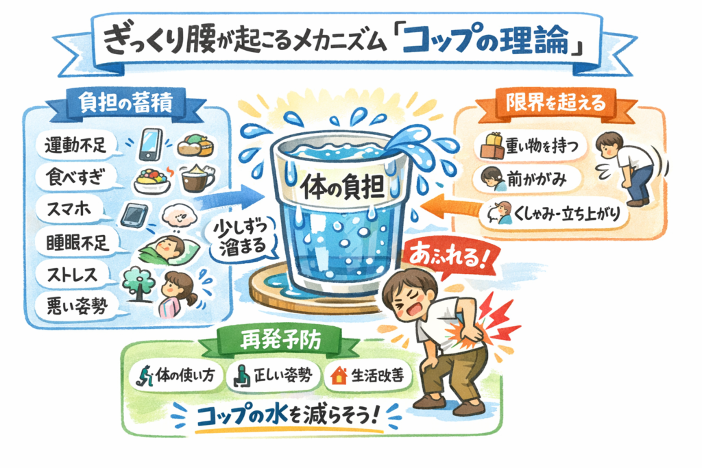 ぎっくり腰が起こるメカニズム コップ理論（生活習慣の負担が限界を超えると発症）