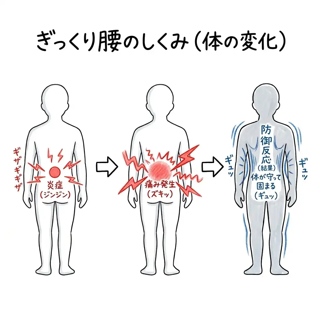 ぎっくり腰の炎症・痛み・防御反応の流れを示した図解イラスト