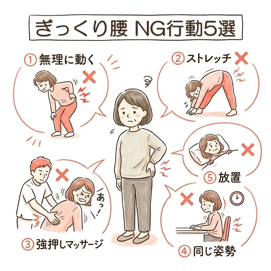 ぎっくり腰でやってはいけないNG行動（無理に動く・ストレッチ・強押しマッサージ・同じ姿勢・放置）を示したイラスト