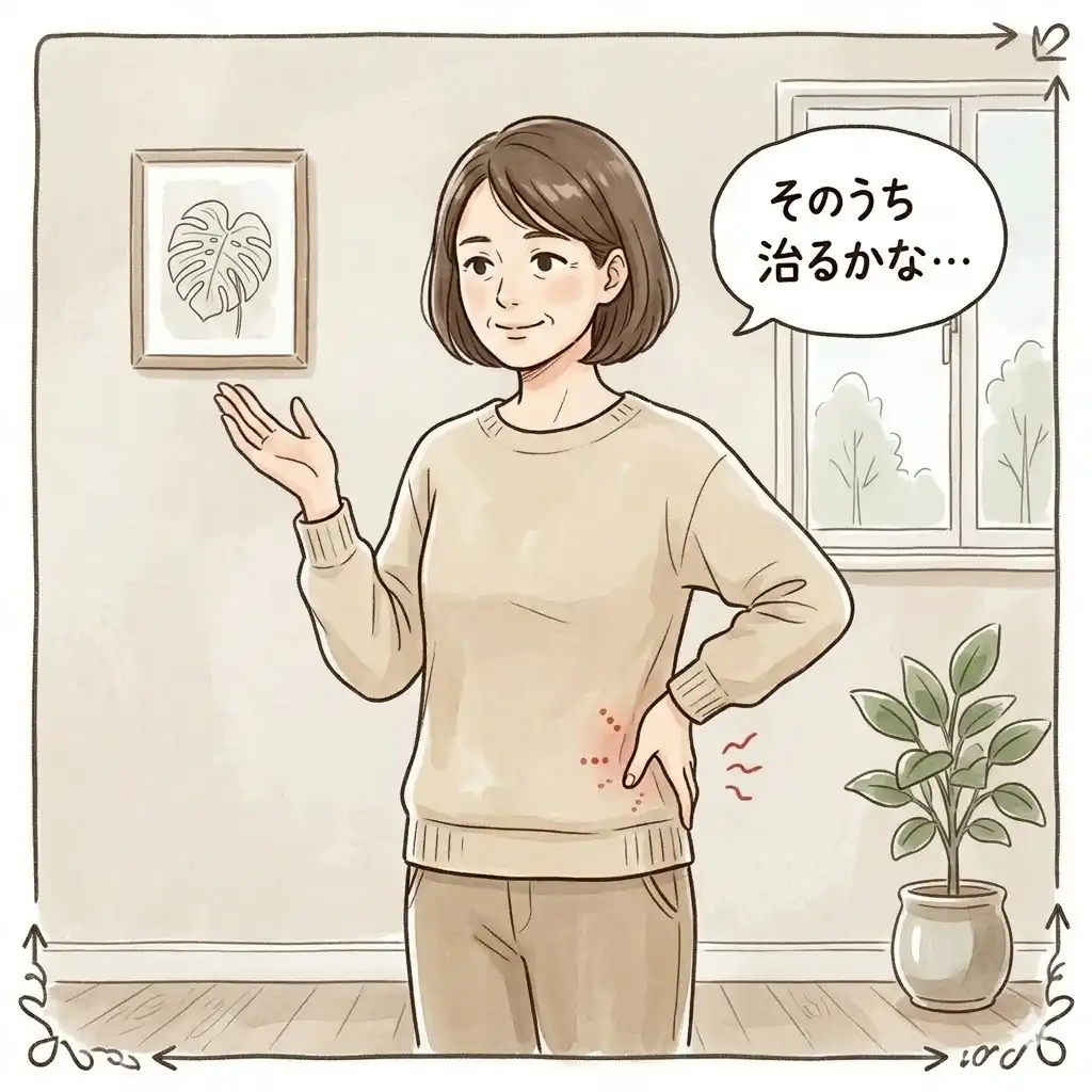 ぎっくり腰の痛みを軽く考えて放置し「そのうち治る」と思っている様子のイラスト
