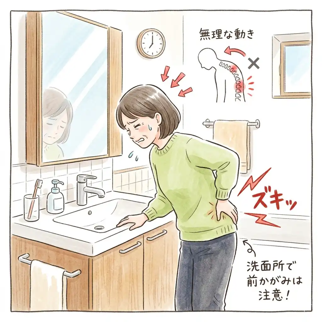 ぎっくり腰で洗面所で前かがみになり腰に痛みが出る様子のイラスト