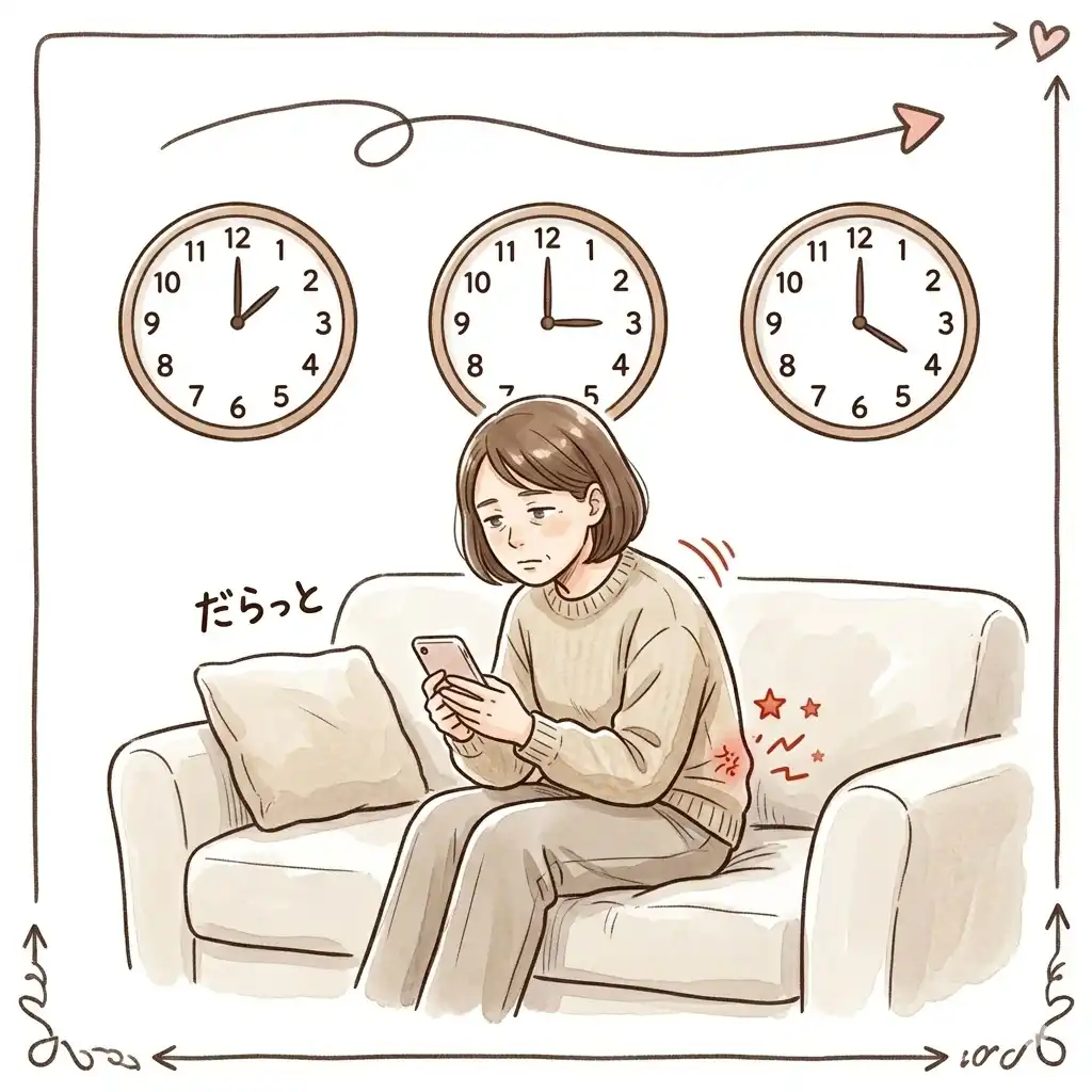 ぎっくり腰の状態でソファに長時間座り続けて腰の痛みが出る様子のイラスト