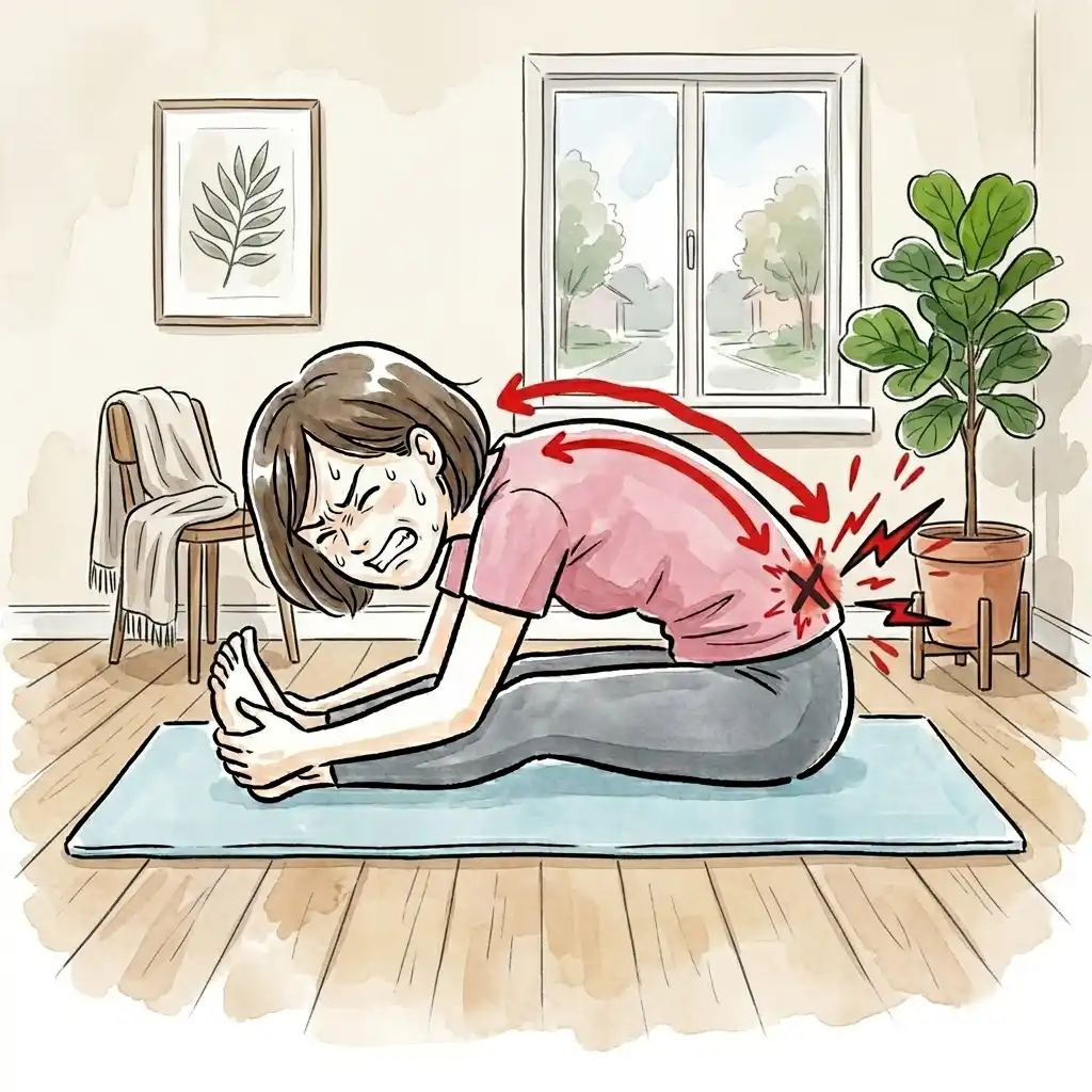 ぎっくり腰で前屈ストレッチをして腰に痛みが出て悪化する様子のイラスト