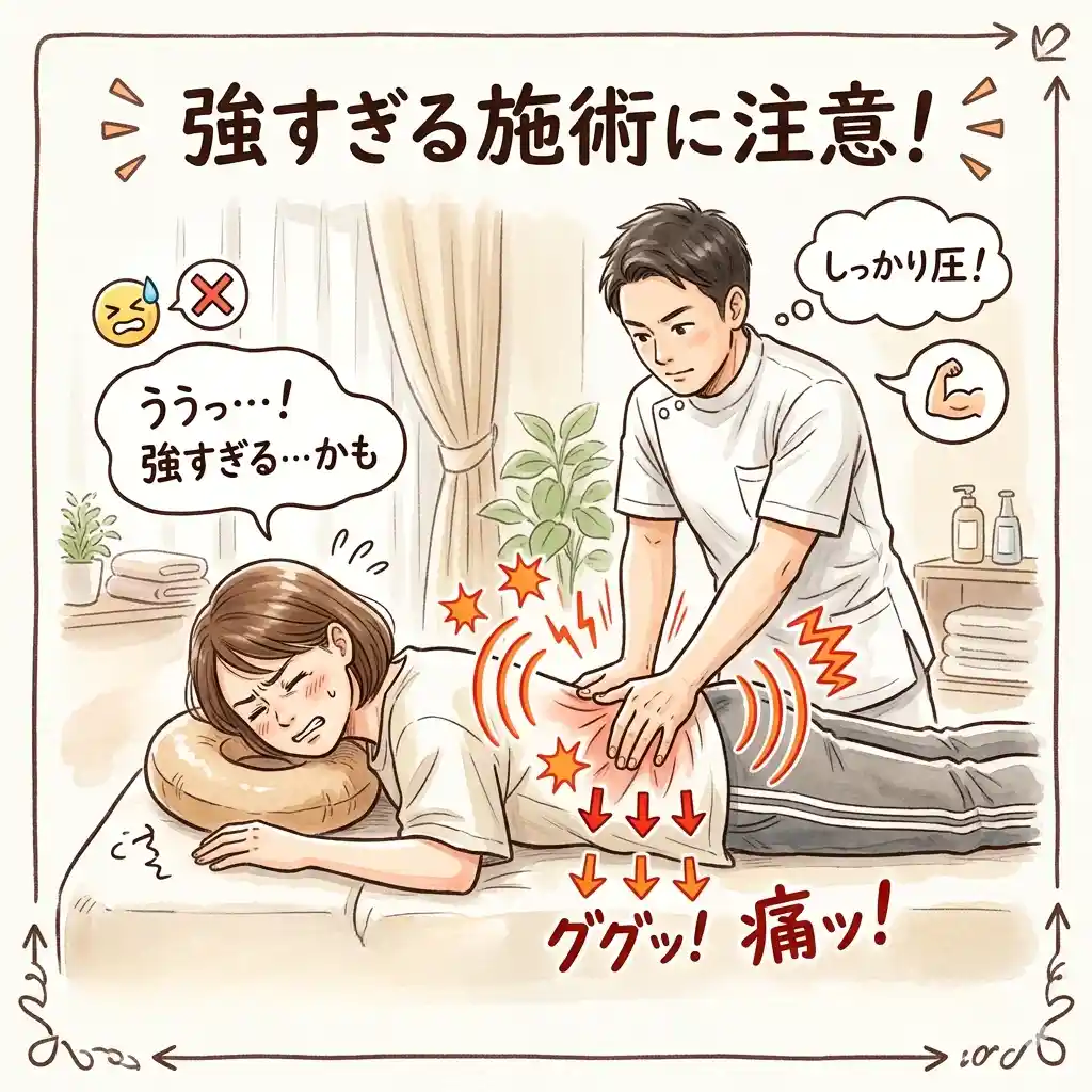ぎっくり腰のときに強いマッサージを受けて腰の痛みが悪化する様子のイラスト