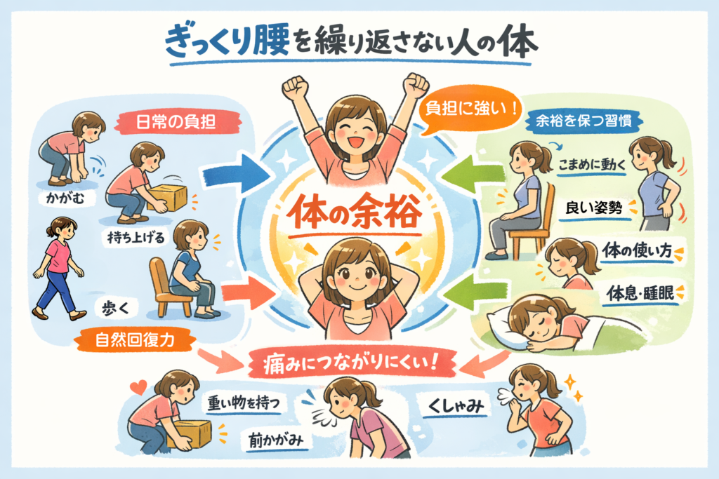 ぎっくり腰を繰り返さない人の体（体の余裕があり負担を受け止められる状態）