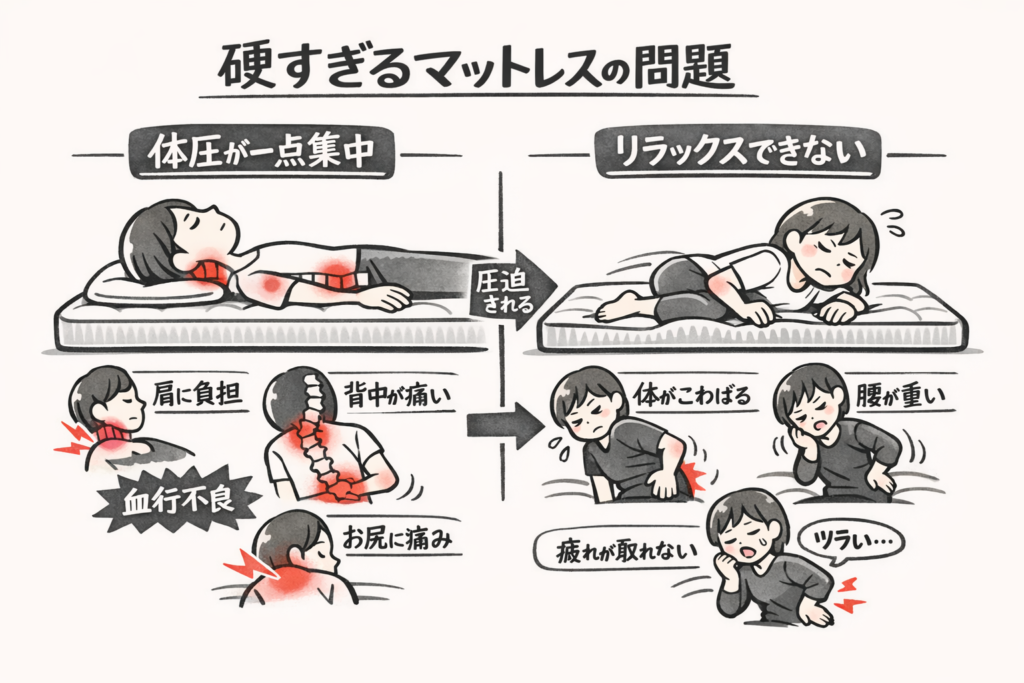 硬すぎるマットレスでは体圧が一点に集中し、体がリラックスできず肩や腰に負担がかかることを示した図