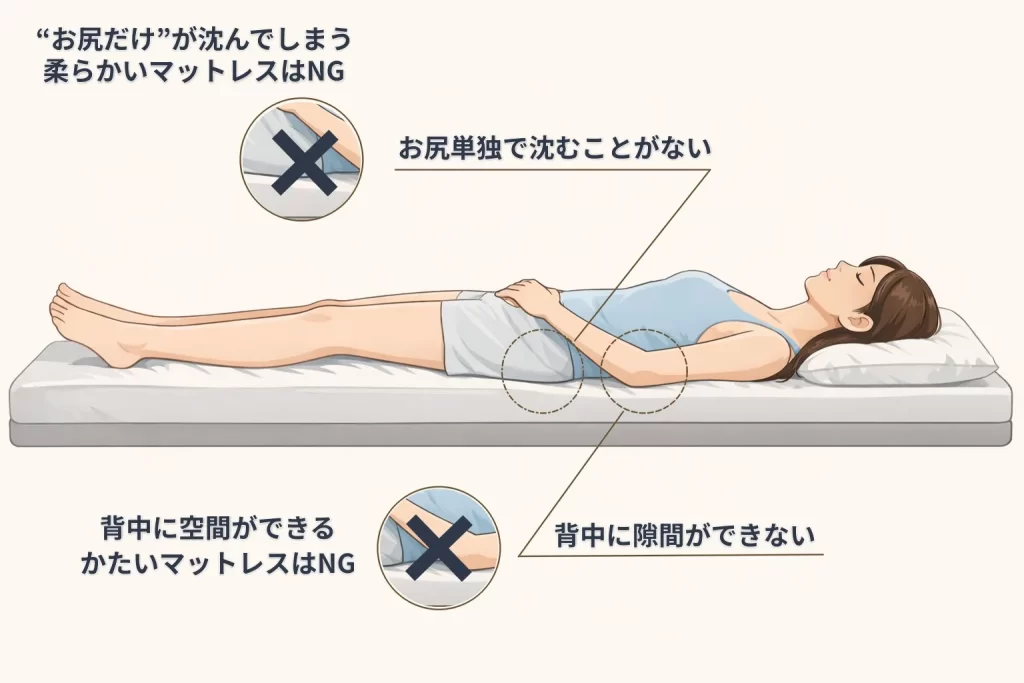 仰向けで寝たときの理想的な寝姿勢とマットレスの支え方を示したイラスト