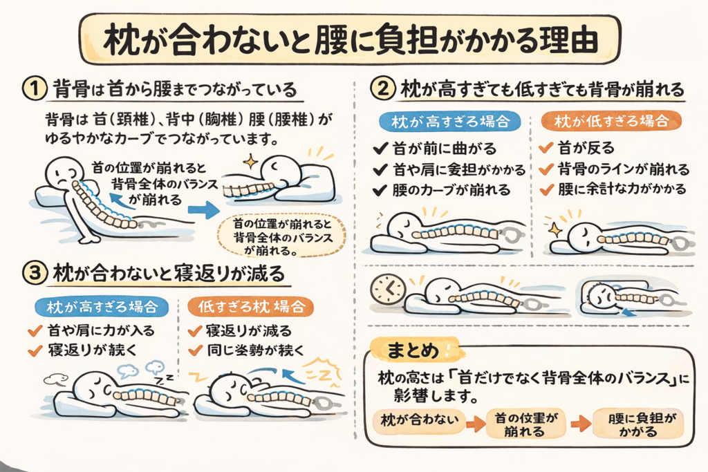 枕が合わないと腰に負担がかかる理由を説明する図