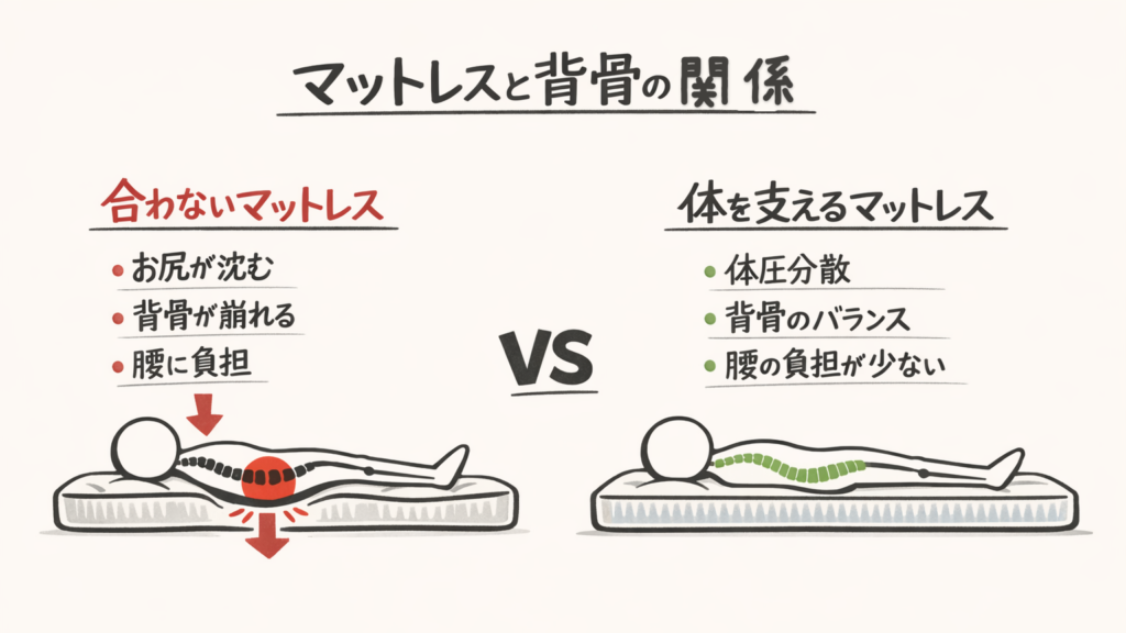 合わないマットレスではお尻が沈み背骨が崩れるが、体を支えるマットレスでは背骨のバランスが保たれることを示した図