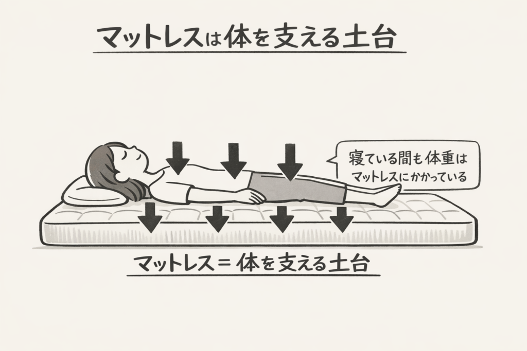 仰向けで寝ている人の体重をマットレスが支えている様子を示した図解
