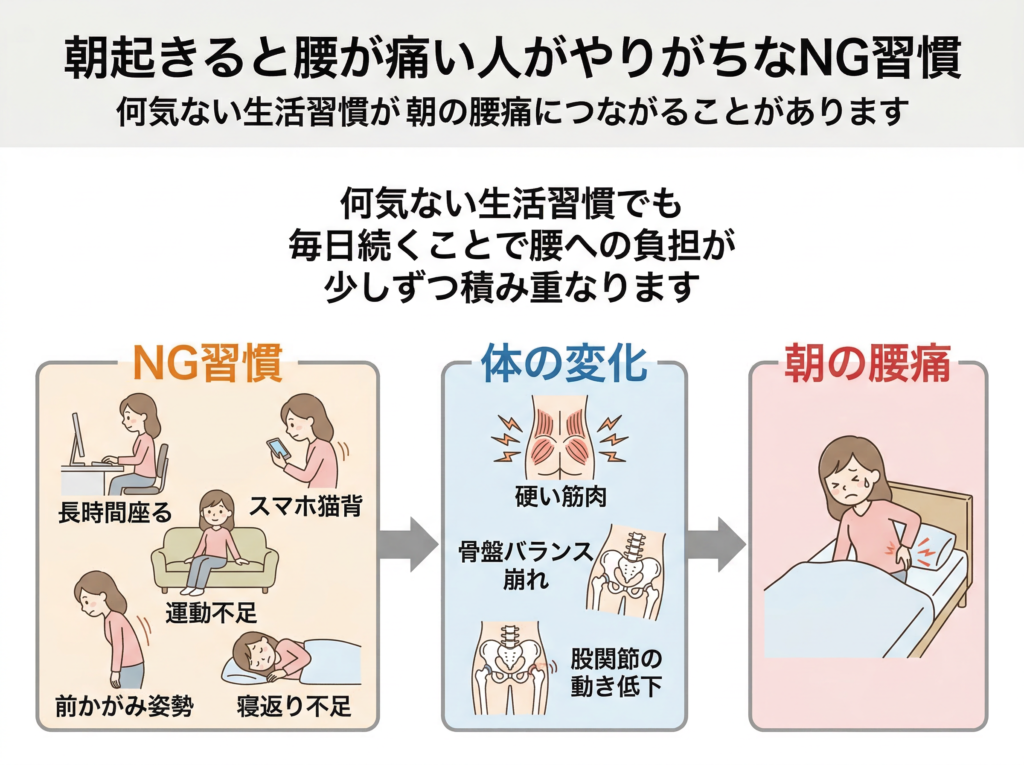 朝起きると腰が痛い人に多いNG習慣と体の変化の関係（長時間座る・スマホ猫背・運動不足・前かがみ姿勢・寝返り不足）