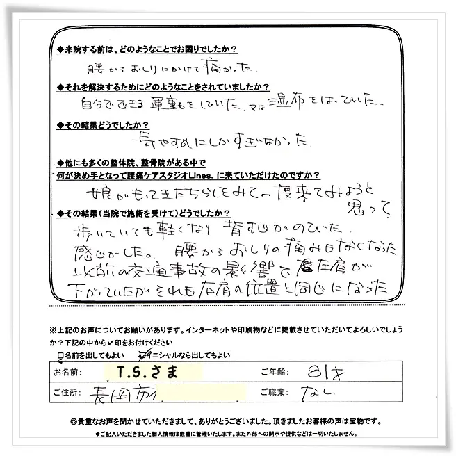 坐骨神経痛による腰から足の痛みとしびれで悩んでいた81歳女性の手書きアンケート