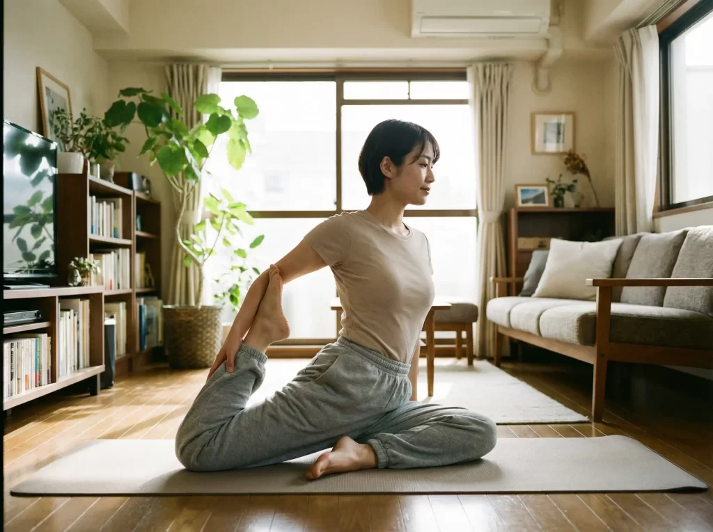 自宅で坐骨神経痛の改善を目的としたストレッチを行っている女性の様子