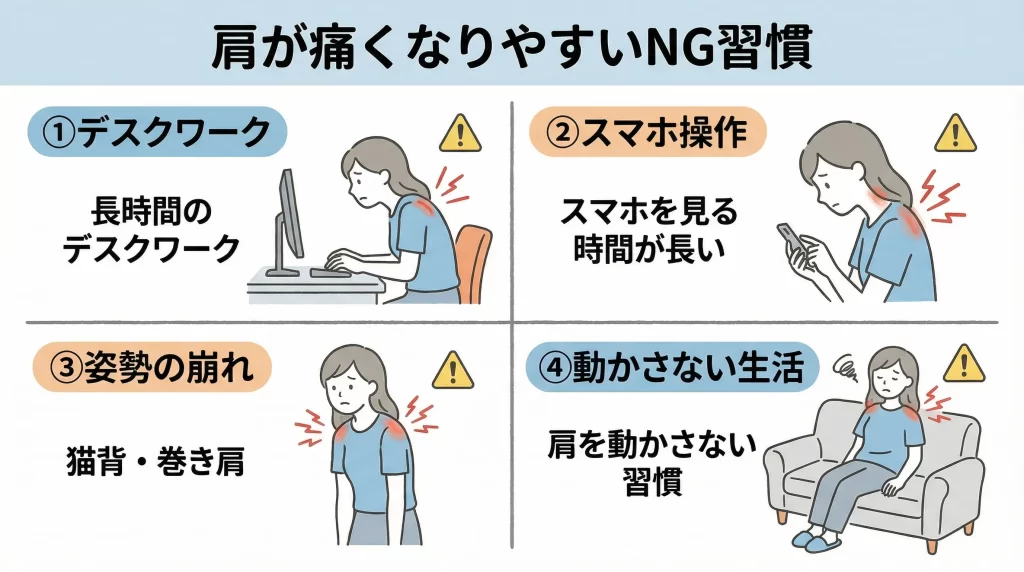 肩が痛くなりやすい生活習慣（デスクワーク・スマホ操作・猫背・運動不足）の図解