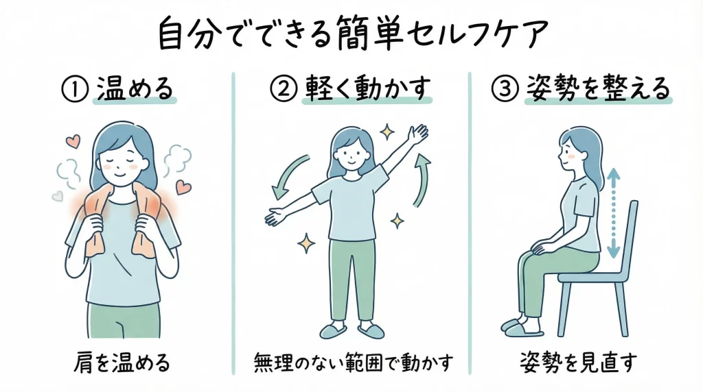 肩の痛みをやわらげるための簡単なセルフケア（温める・軽く動かす・姿勢を整える）の図解