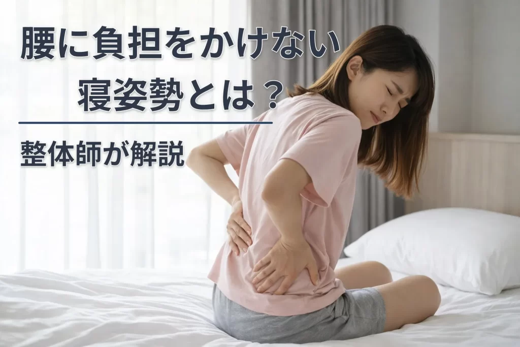 ベッドの上で腰を押さえる女性　腰に負担をかけない寝姿勢を解説する記事のアイキャッチ