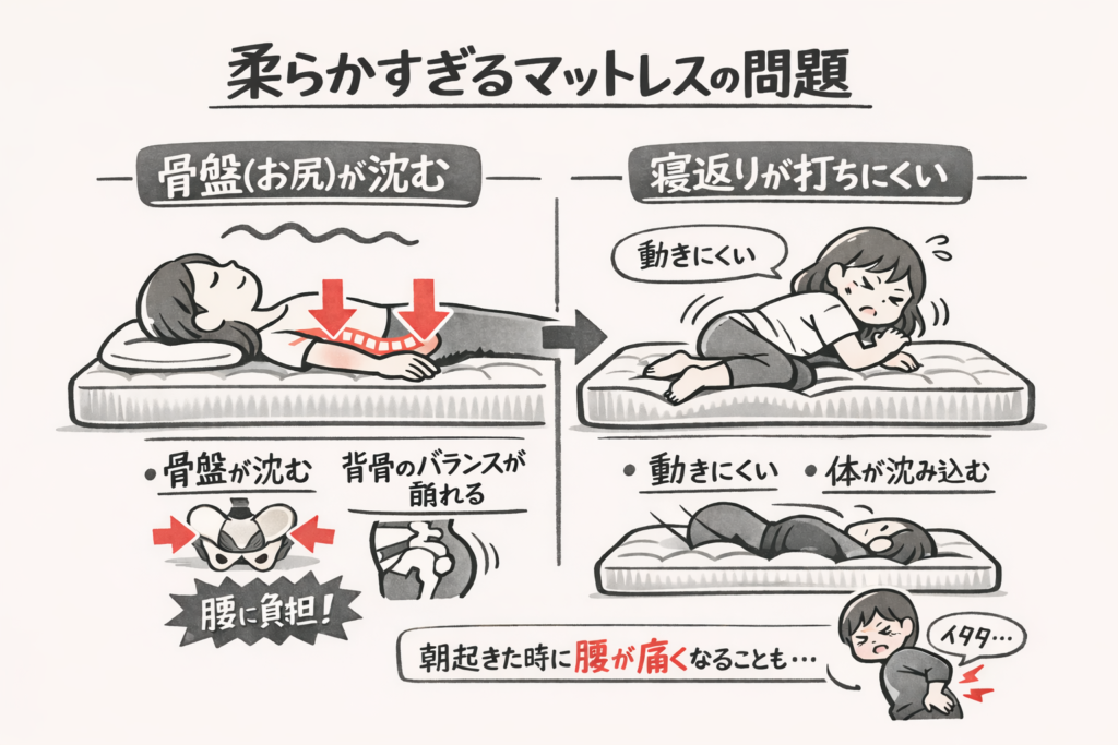 柔らかすぎるマットレスでは骨盤が沈み背骨のバランスが崩れ、寝返りが打ちにくくなることを示した図