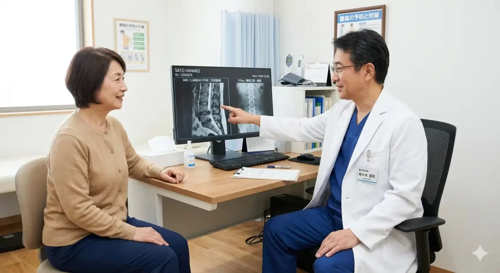 整形外科で医師がMRI画像を使って坐骨神経痛について説明している様子