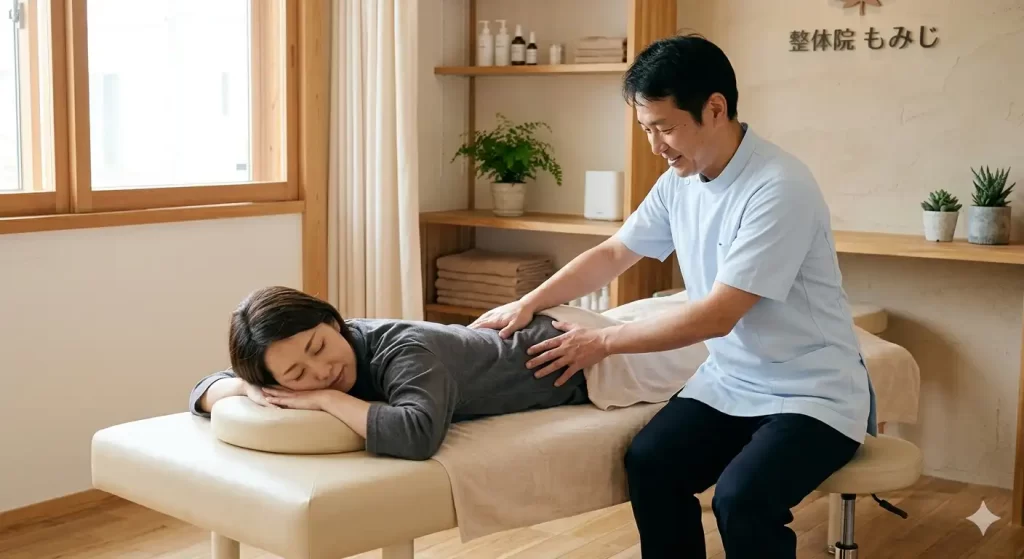整体院で体のバランスを整えるために優しい施術を受けている様子