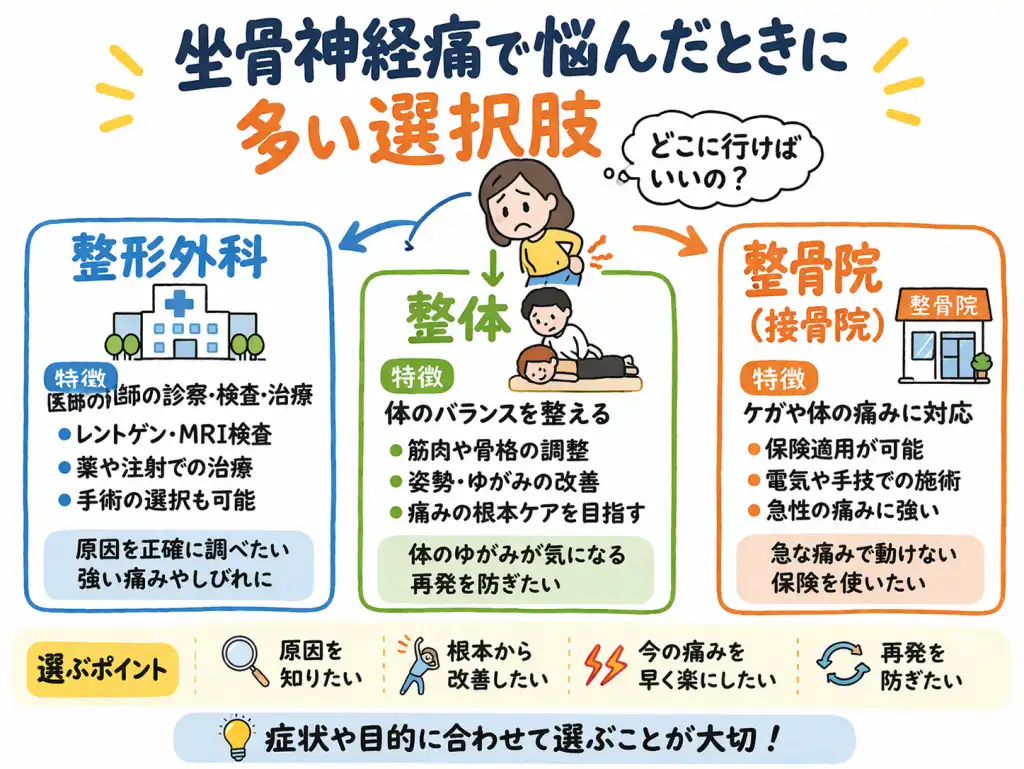坐骨神経痛で悩んだときの選択肢を解説した図|整形外科・整体・整骨院それぞれの特徴と違い